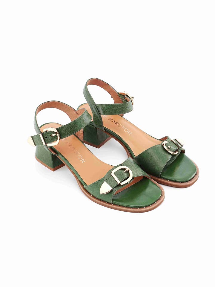 KEITH leather block heel sandal with metallic buckles for wholesale by Emilie Karston