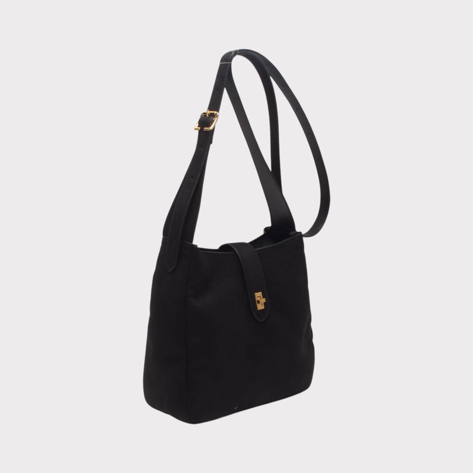 BESTINI – wholesale Axelremsväska – Dam – Axelremsväska, hinkformat, med guldfärgat spänne, mocka4