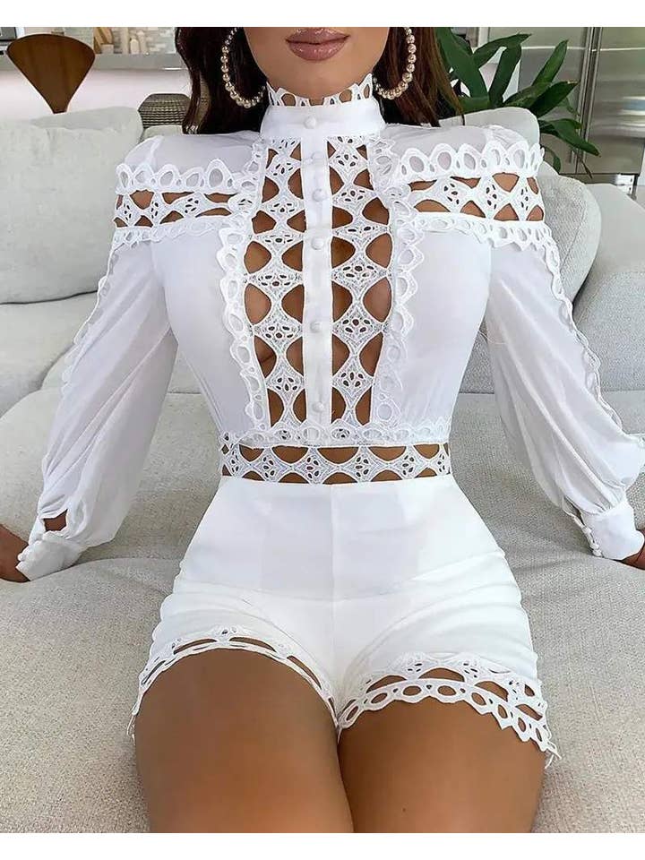 Queen Fashion – wholesale Jumpsuit - Dam – utskuren guipure spetsficka med lyktärmad tröja3