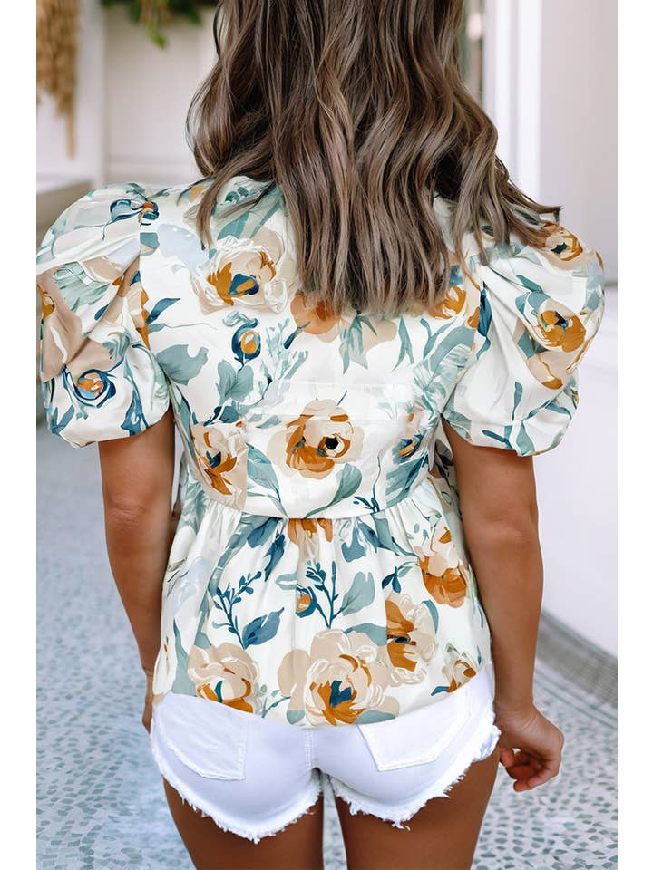Green LDC Floral Print Puff Sleeve V Neck Babydoll Blouse for wholesale on Faire