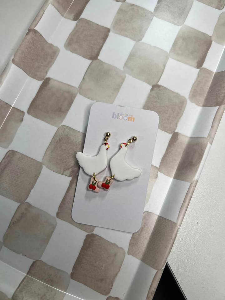 Chickens with Cherry Boots Spring Clay Earrings | Handmade for wholesale by Watch Me Bloom