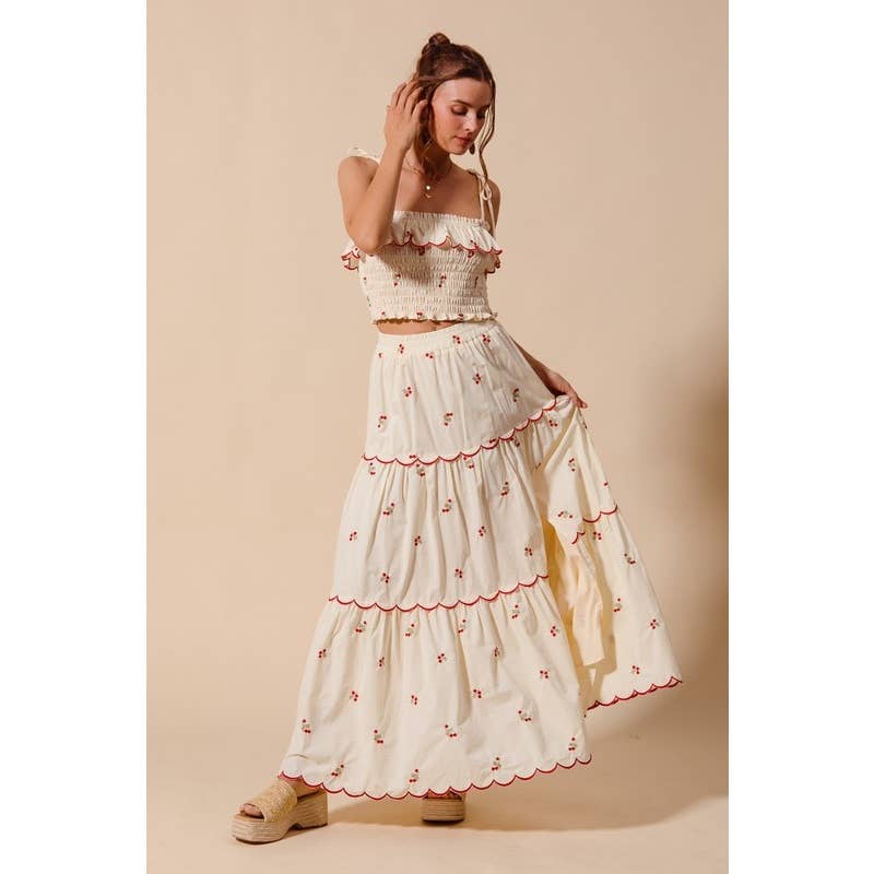 CREAM FLORAL EMBROIDERED SMOCKED TOP ELASTICIZED WAIST for wholesale on Faire6