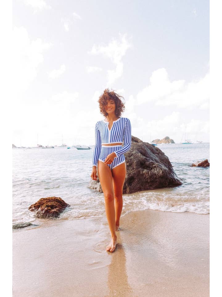 Juillet Juillet - Wholesale Rashguard - Women’s - Giulia Blue/White Stripe UPF 50+ Long Sleeve Crop Top