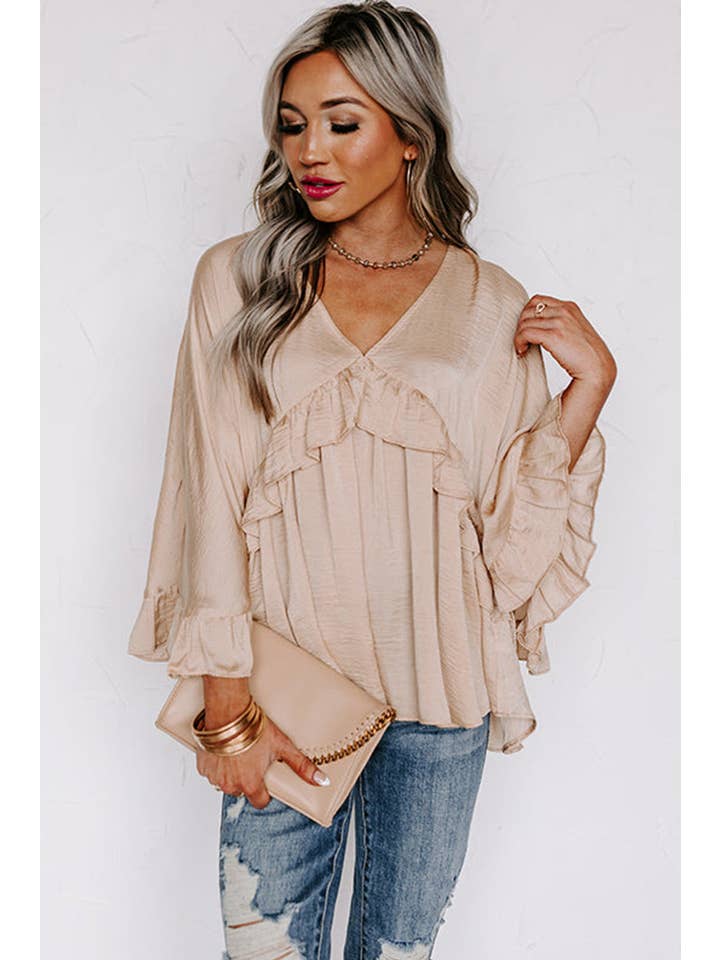 Apricot V Neck Draped Batwing Sleeve Ruffle Top for wholesale on Faire4