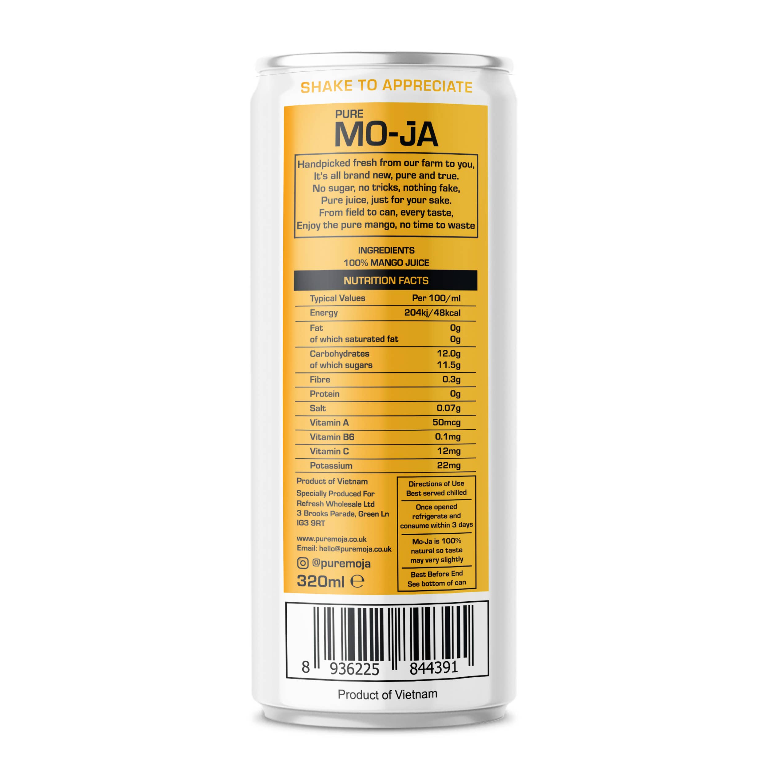 Pure Mo-Ja – wholesale Fruit juice – 100% Pure Mango Juice 320ml (Pack of 12)5
