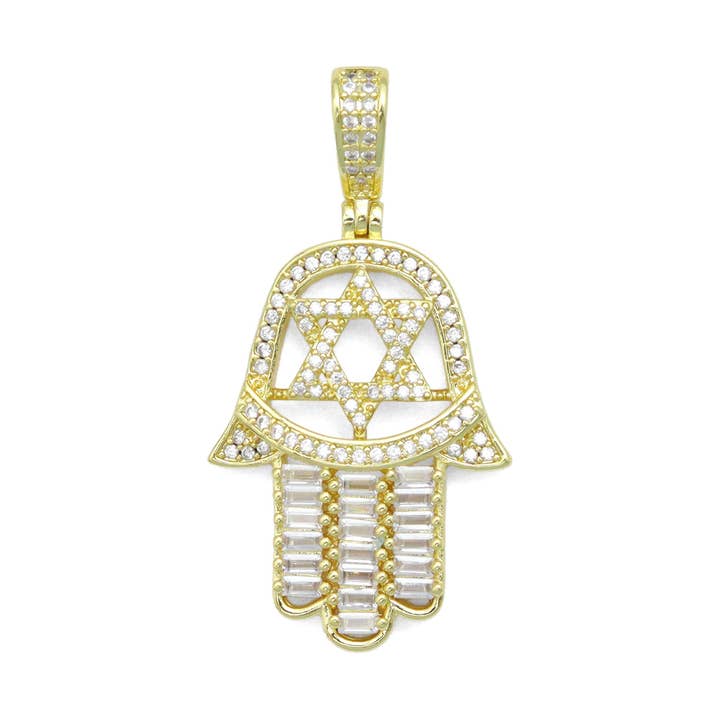 Clear CZ David Star On Hamsa Hand Shape Charm Pendant, Sku#LK1118 for wholesale by BestBeads&Beyond
