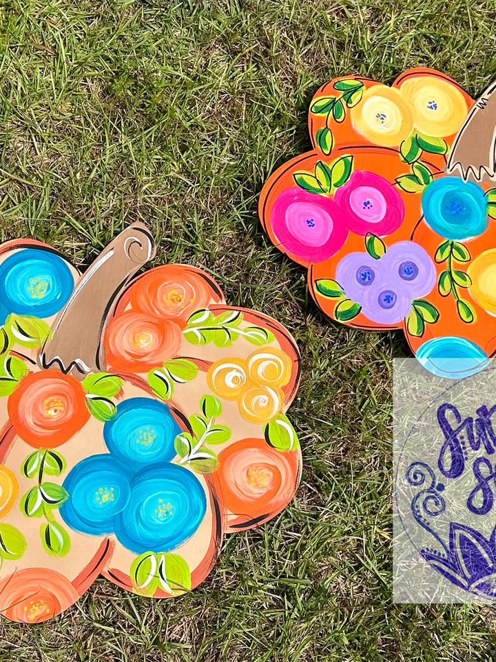 Colorful floral pumpkin door hanger, 20” for wholesale by Sunflower Soul Art