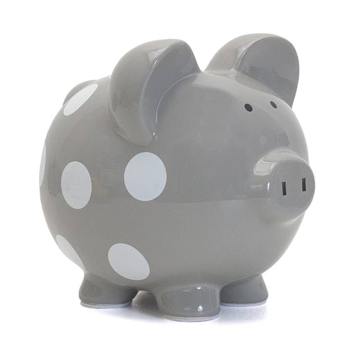 Gray Polka Dot Piggy Bank for wholesale by Child To Cherish®