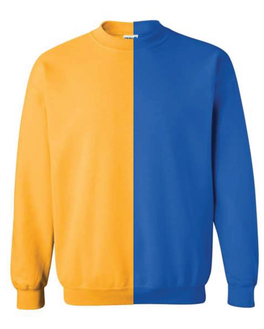 McKenzie’s Infinity LLC - Wholesale Sweatshirt - Unisex - Gold & Royal Blue Split Colored, Two-Toned, Crewneck