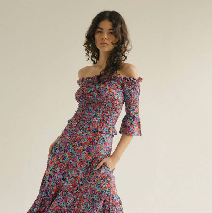 The Sky High Waisted Maxi Skirt - Floral Explosion Raspberry for wholesale by State of Georgia