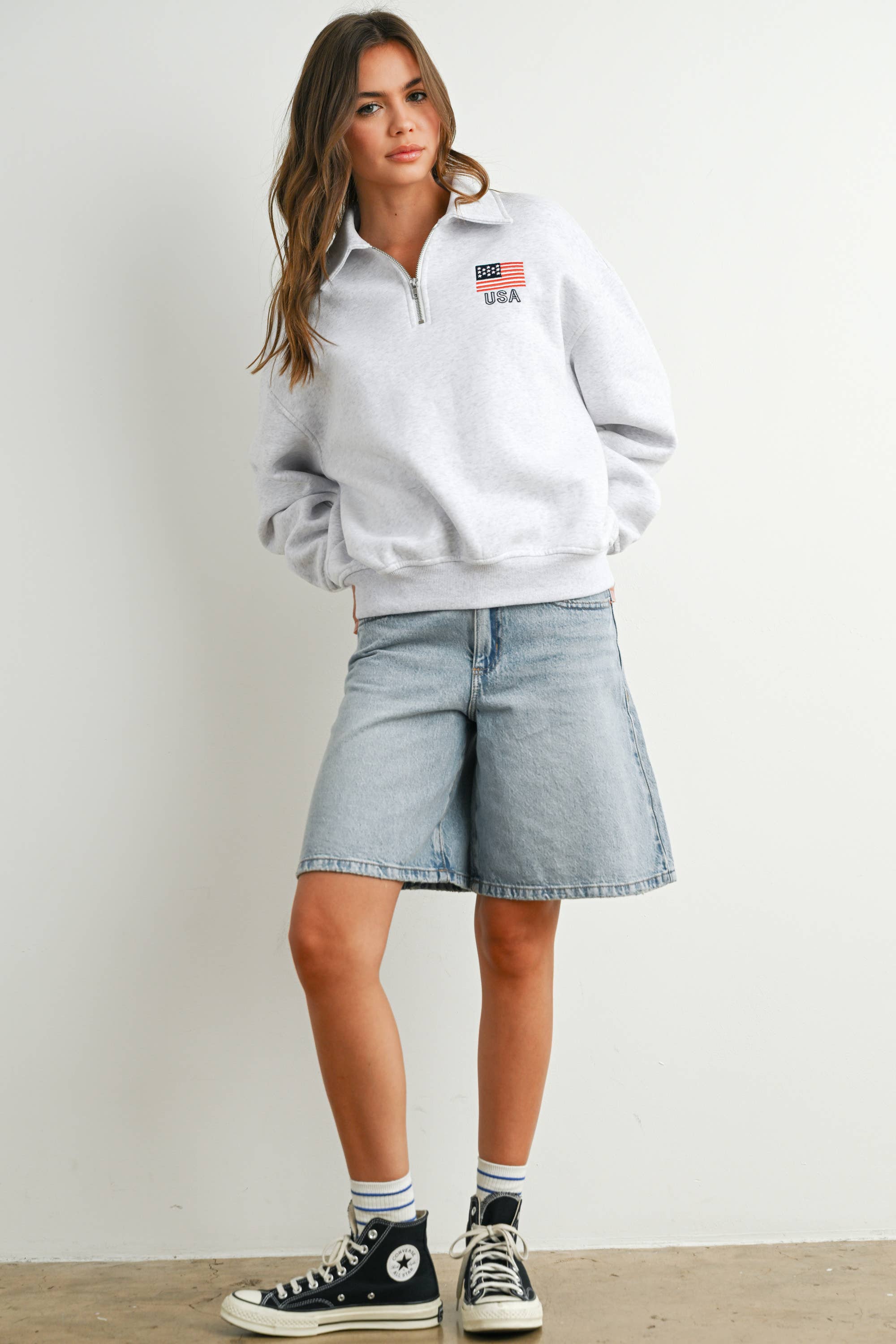 BUTTERMELON - Wholesale Sweatshirt - Women's - Loose Collared Quarter-Zip Top - BMT77947