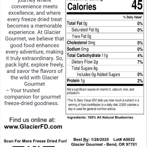 Glacier Gourmet – wholesale Dried/dehydrated fruit – Freeze Dried Blueberries - 1.5oz Bag