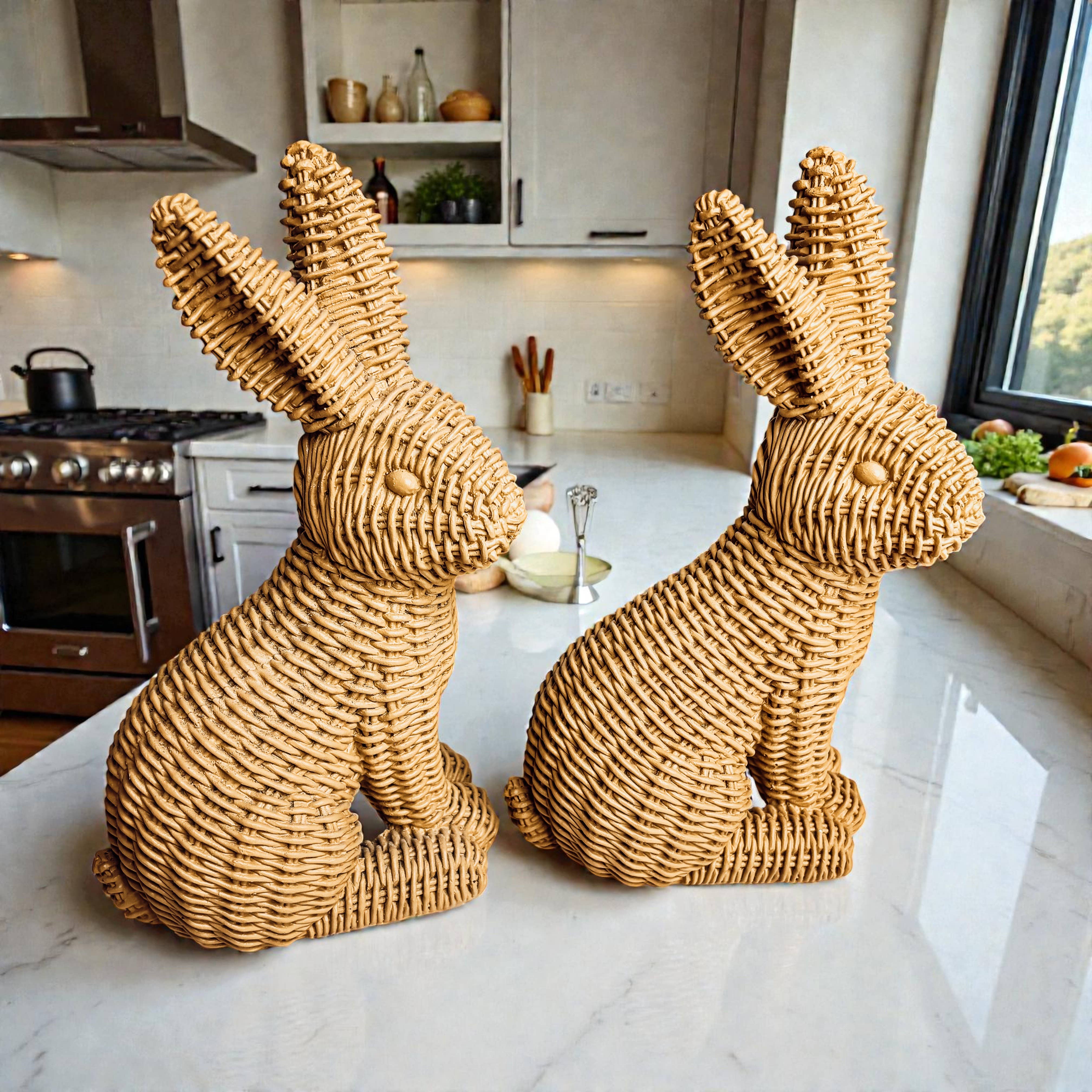 Gia Roma - Wholesale Sculpture - Easter Farmhouse Home Decor, Resin Bunny Figurine Rattan 32