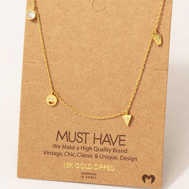 Gold Dipped Smiley Face And Pizza Charms Necklace for wholesale by Fame Accessories