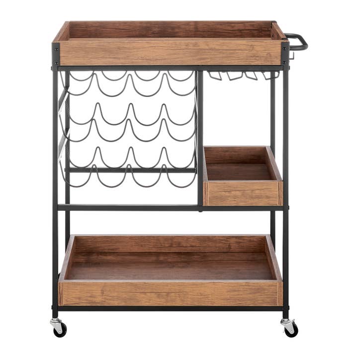 Danya B – wholesale Bar trolley – Walnut Veneer Metal Rolling Wine Bar Cart with Storage Rack
