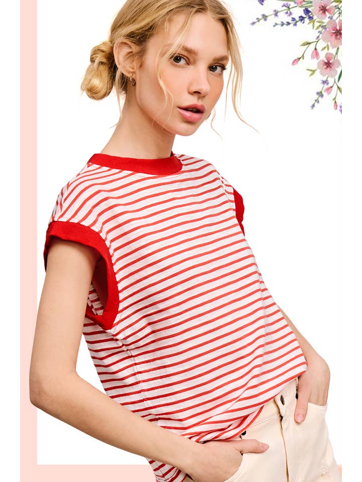 La Miel - Wholesale T-Shirt - Women's - JDT7710-Nautical Cap Sleeve Striped Top