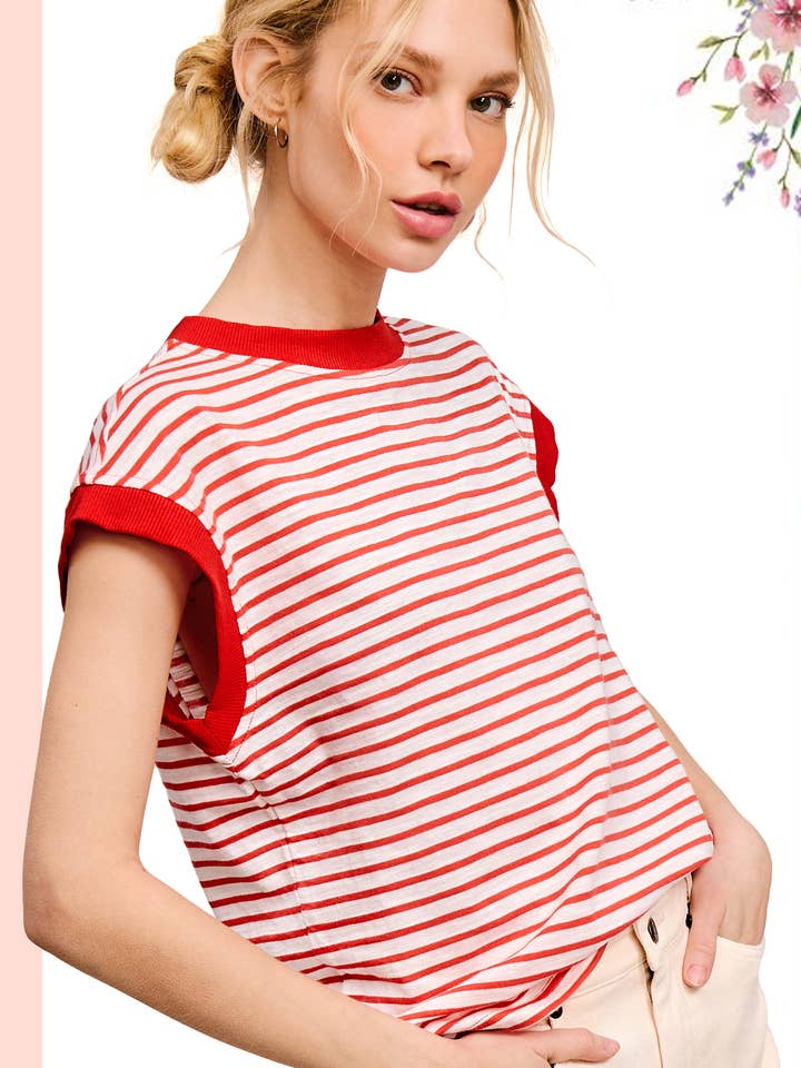 JDT7710-Nautical Cap Sleeve Striped Top for wholesale by La Miel