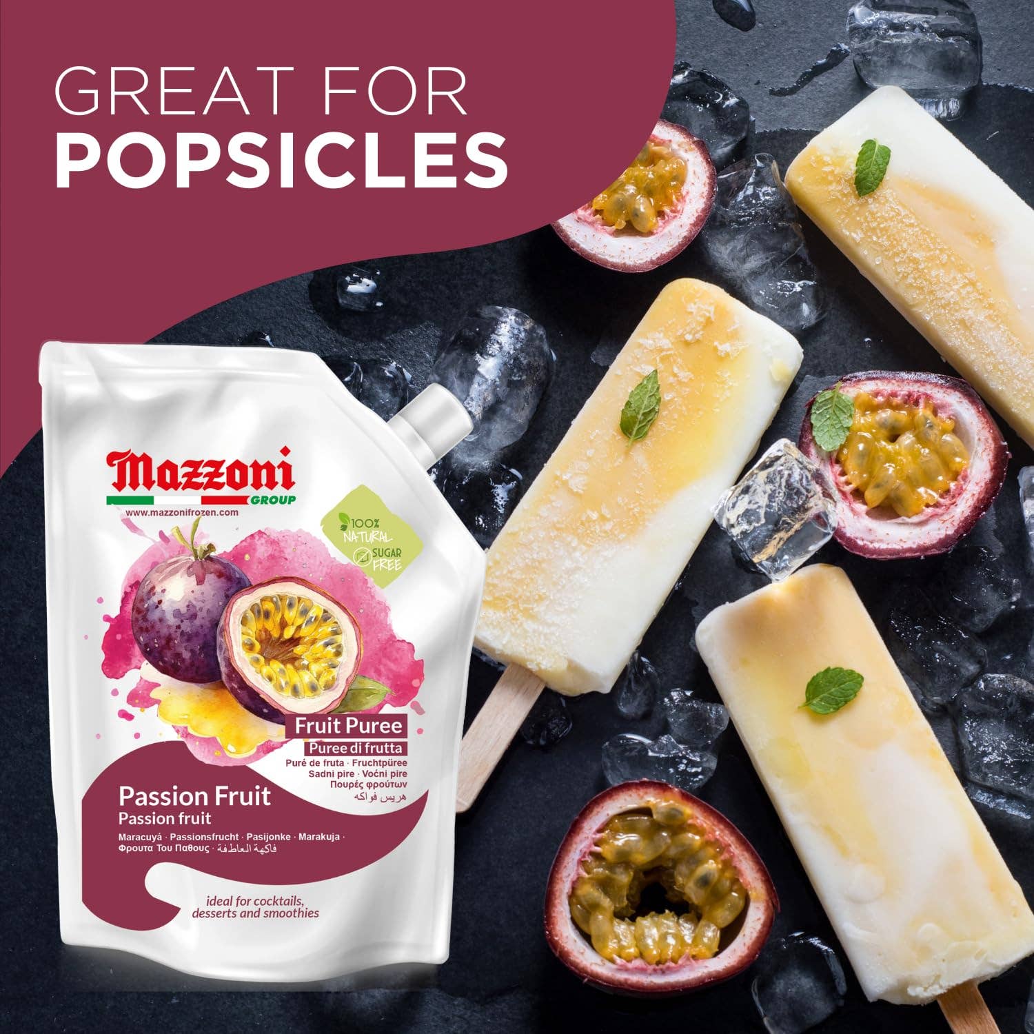 Wholesale Italian Food - Wholesale Cocktail Mix/Syrup - Mazzoni, Passion Fruit Puree, 100% Pure Maracuya, Just Fruit, No Sugar Added, 2.2 lb3