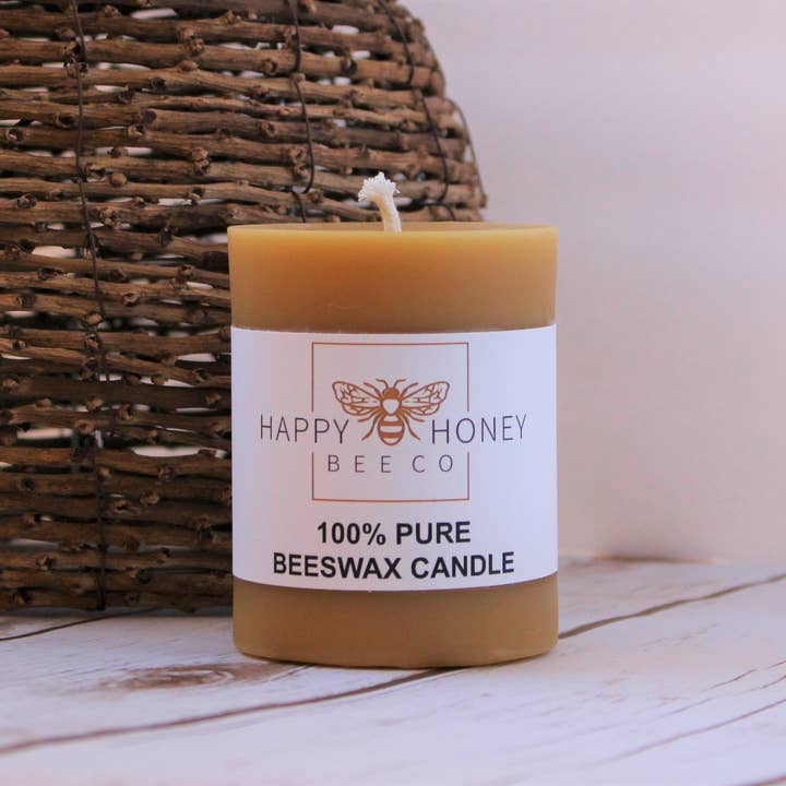Vela de cera de abejas Pillar de 4 pulgadas para venta al por mayor de Happy Honey Bee Co.