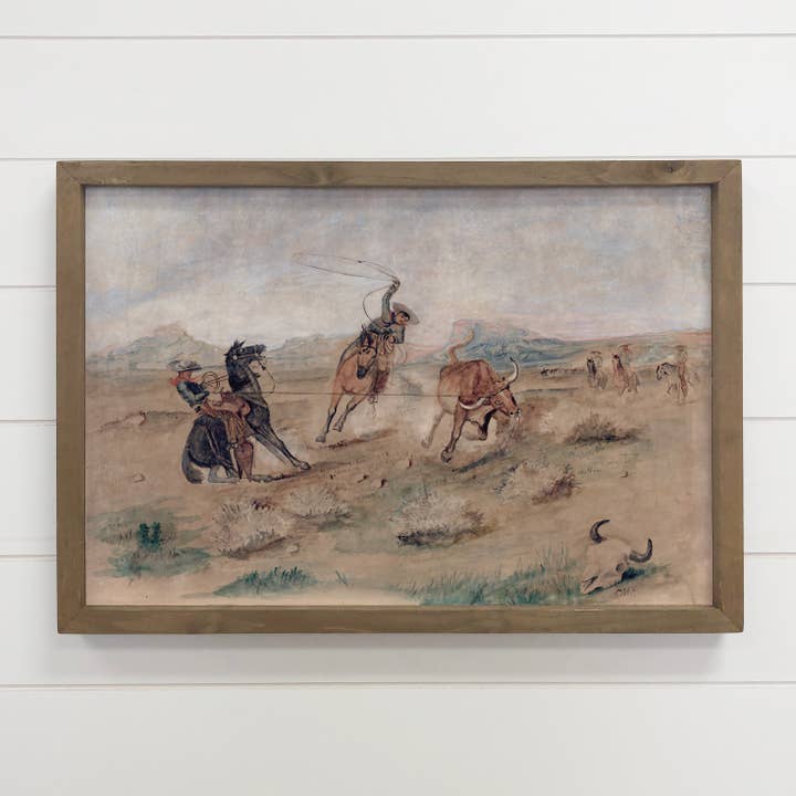 Hangout Home - Wholesale Art Print - Cowboys Roping Bulls - Cowboy Canvas Art - Wood Framed Art