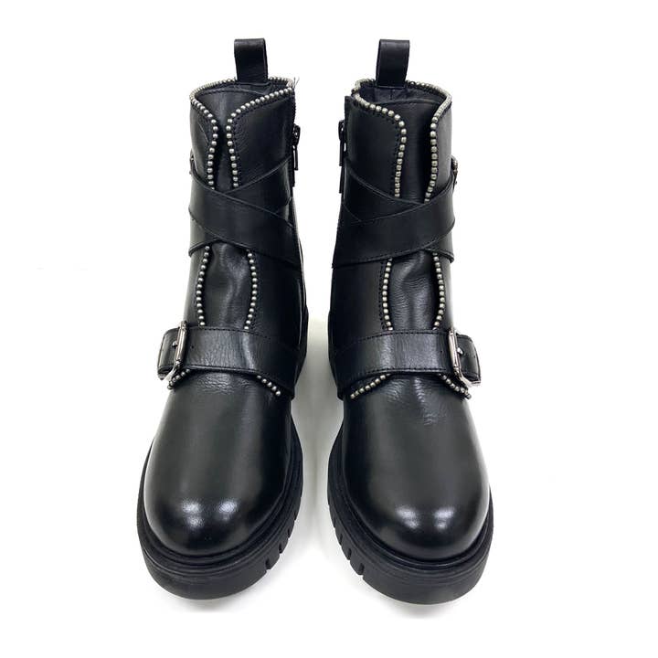 Only Partners – wholesale Combat/Military Boots - Women’s – Billie Fashion Biker Boots with Metal Studs and Belts4