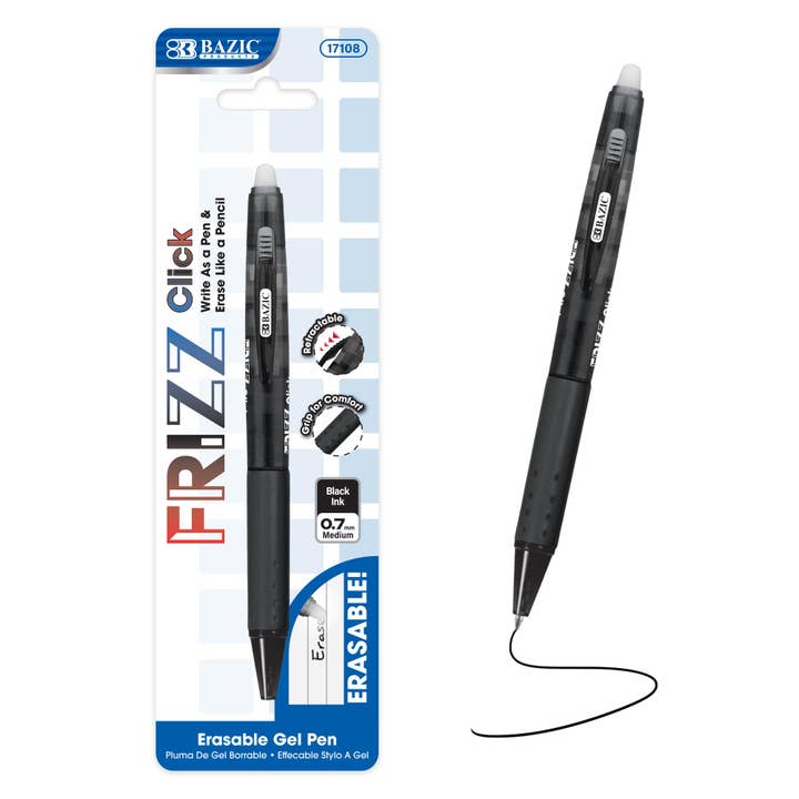 Frizz Black Erasable Gel Retractable Pen with Grip for wholesale by BAZIC Products