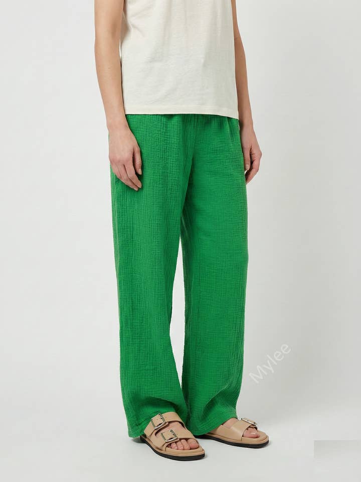 Pantaloni larghi in garza di cotone con cintura a fiocco per la vendita all'ingrosso da parte di Mimi & Gogo