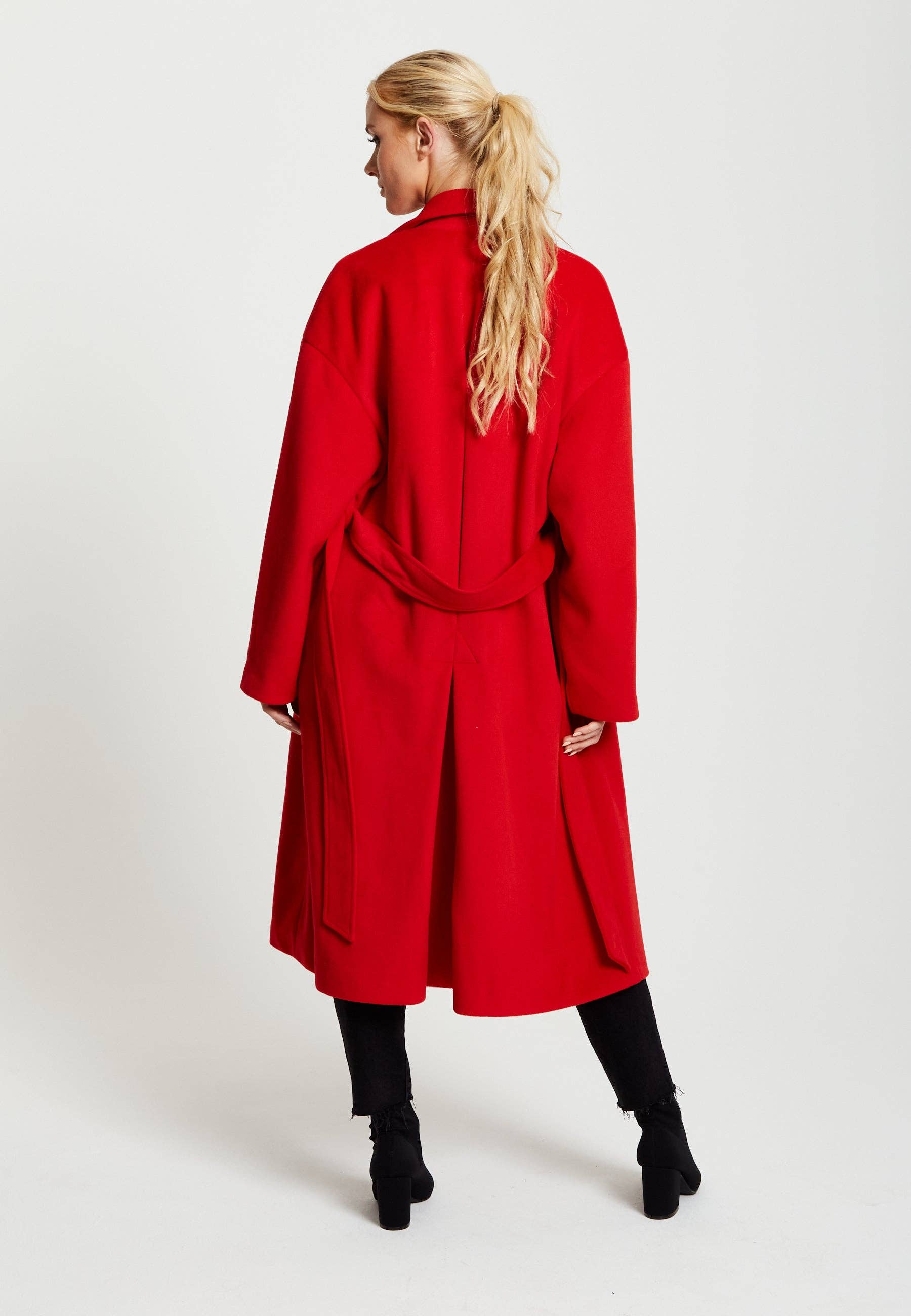 Liquorish Belted Longline Coat In Red for wholesale on Faire9