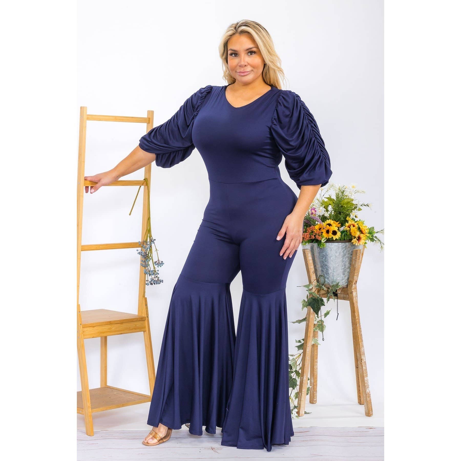 DORCAS - Wholesale Jumpsuit - Women's - PLUS SOLID COLOR PRINTED FLARE LEG JUMPSUIT5