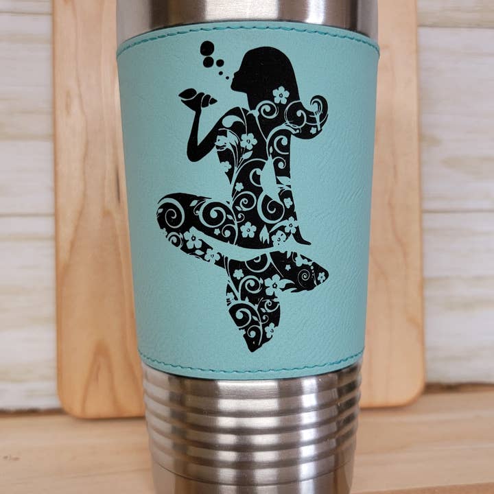 Mermaid Engraved Tumbler. 20oz Leather Tumbler FloralMermaid for wholesale by Clack Design