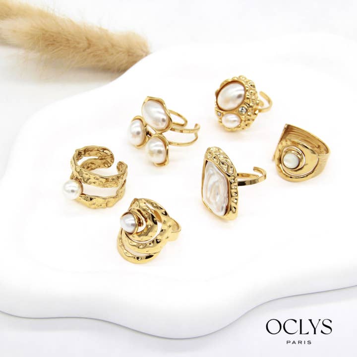 Oclys - Vendita all'ingrosso Anelli cocktail/statement - Set di 6 grandi anelli dorati perlati in acciaio inossidabile Viki