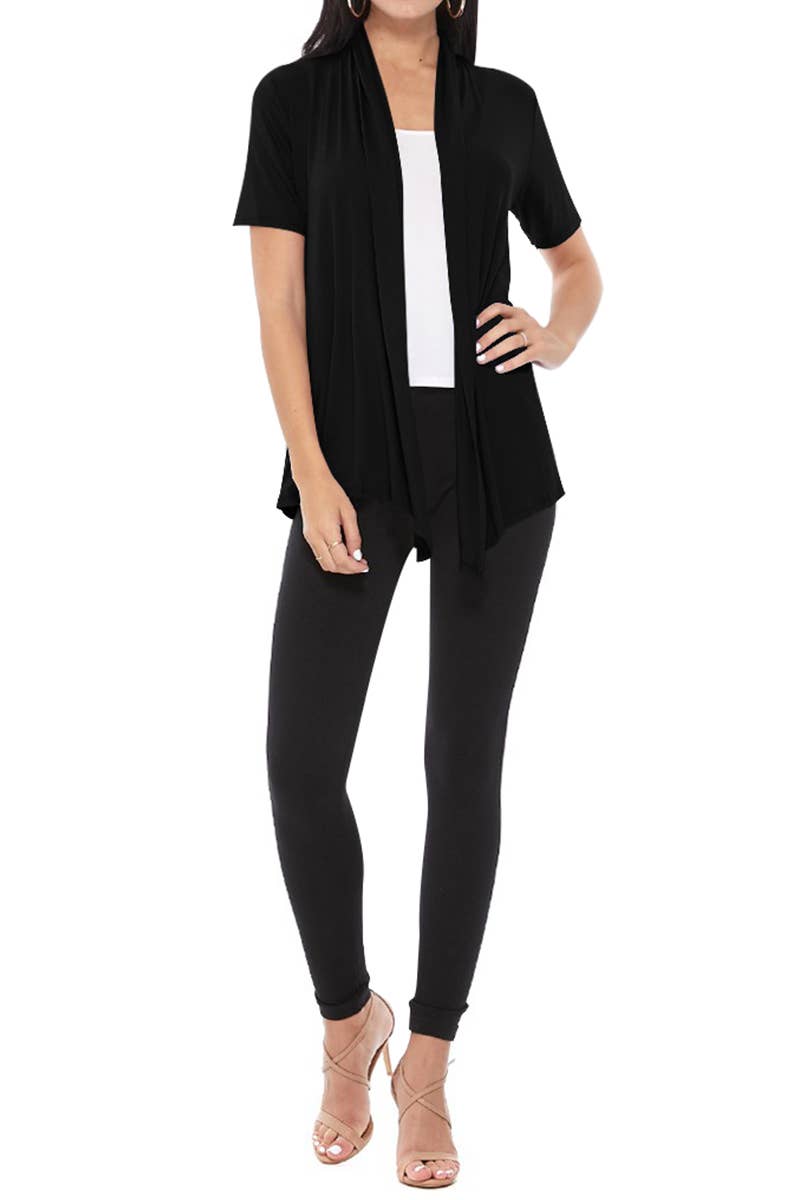 MOA COLLECTION - Wholesale Cardigan - Women's - Women's Casual Short Sleeve Draped Open Front Solid Cardigan3