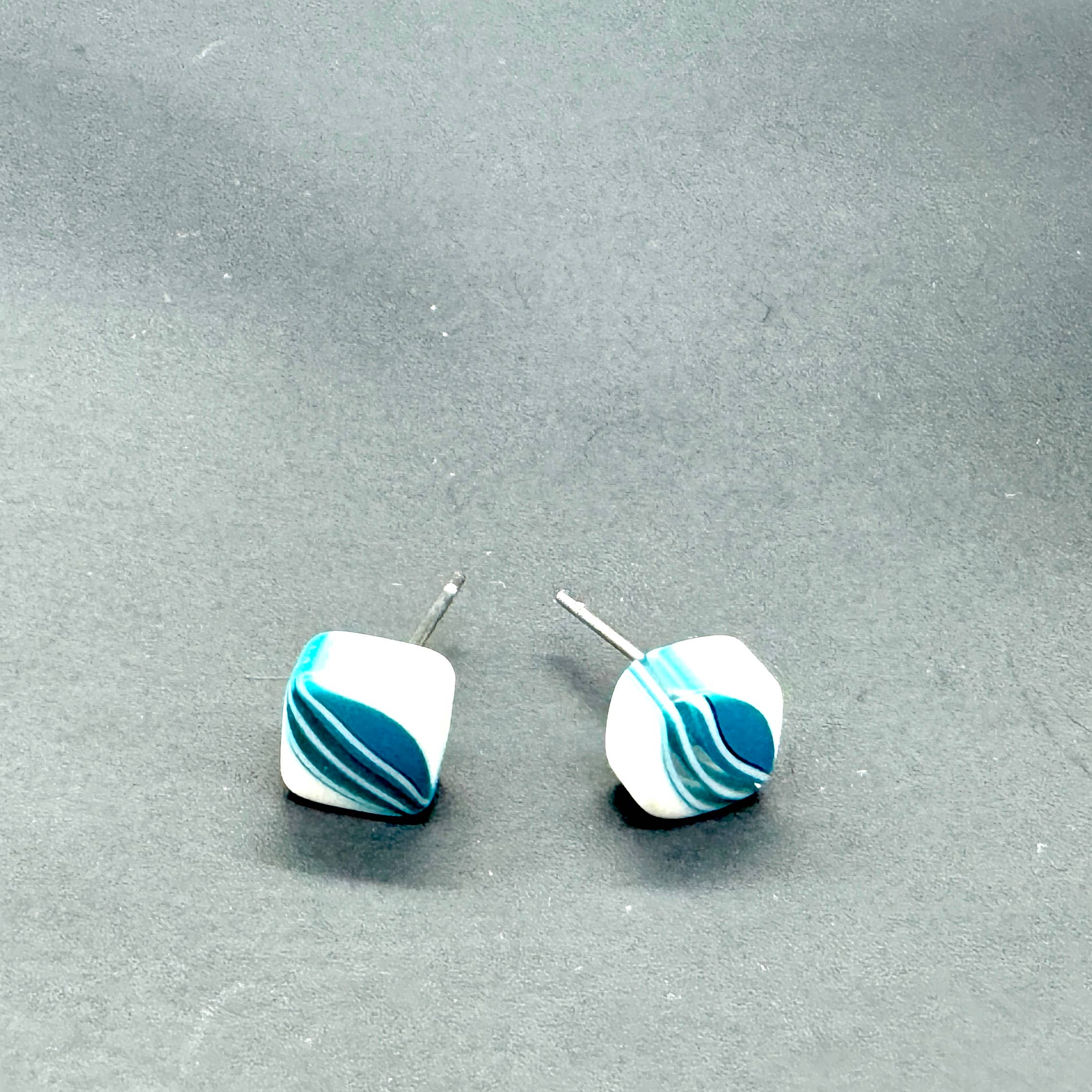 Leetie Lovendale - Wholesale Stud/Post Earrings - Aqua Blue & White Striped Square Cane Slice Stud Earrings4