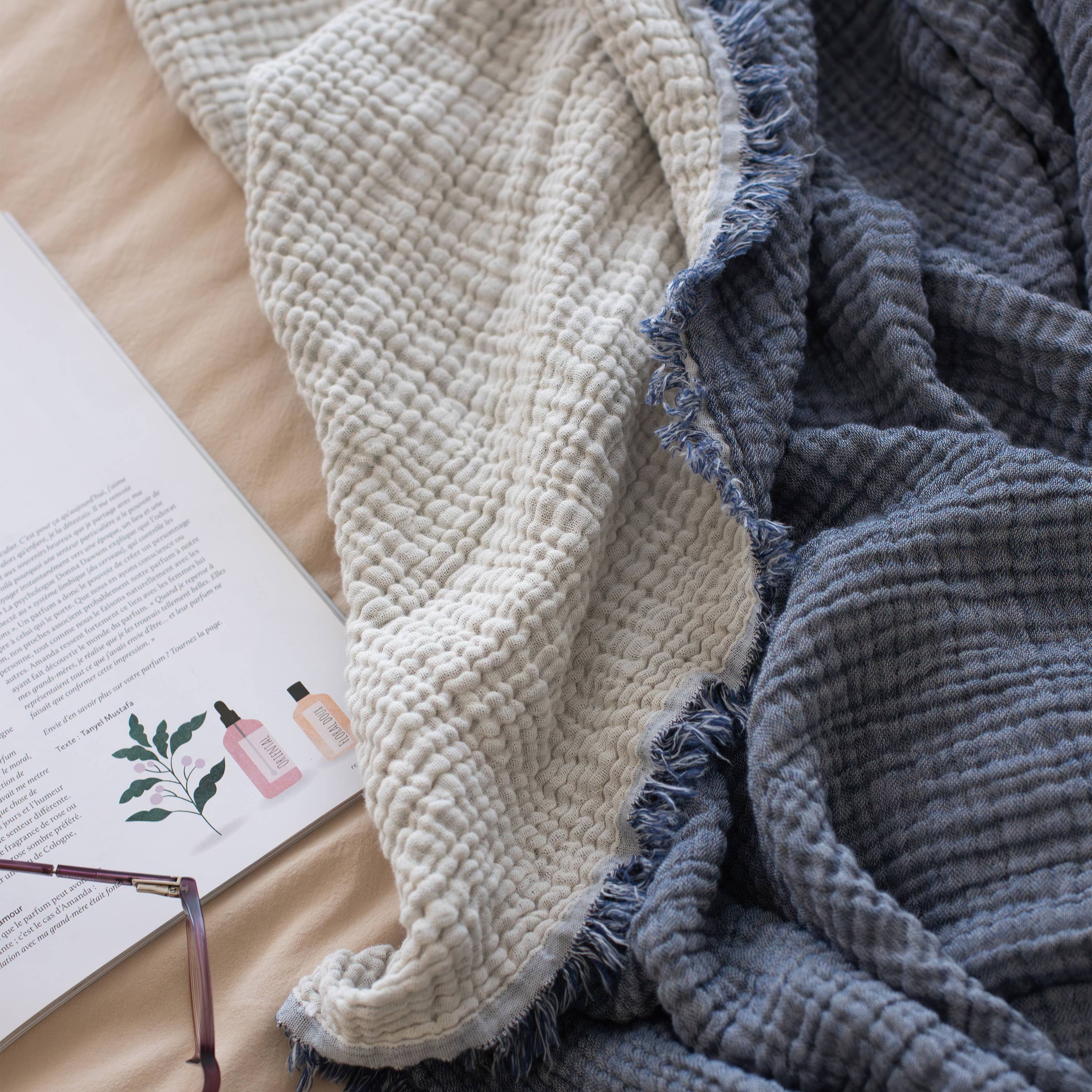 Vivamaison - Vente Plaids - Couvre-lit en mousseline frangé 100 % coton doux, 4 couches premium54