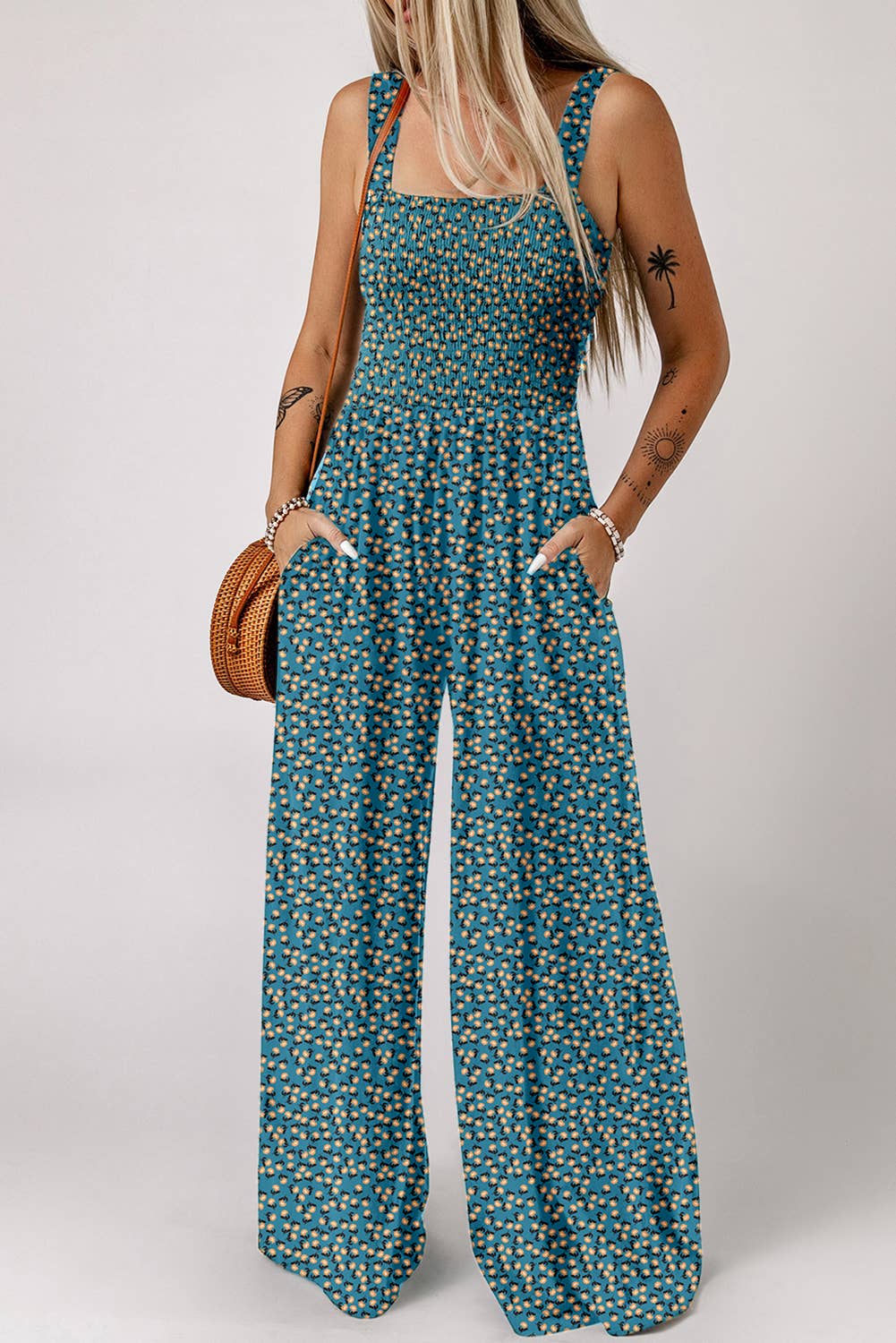 1 the Woman - Wholesale Jumpsuit - Women's - Spring Floral Print Smocked High Waist Square Neck Jumpsuit9