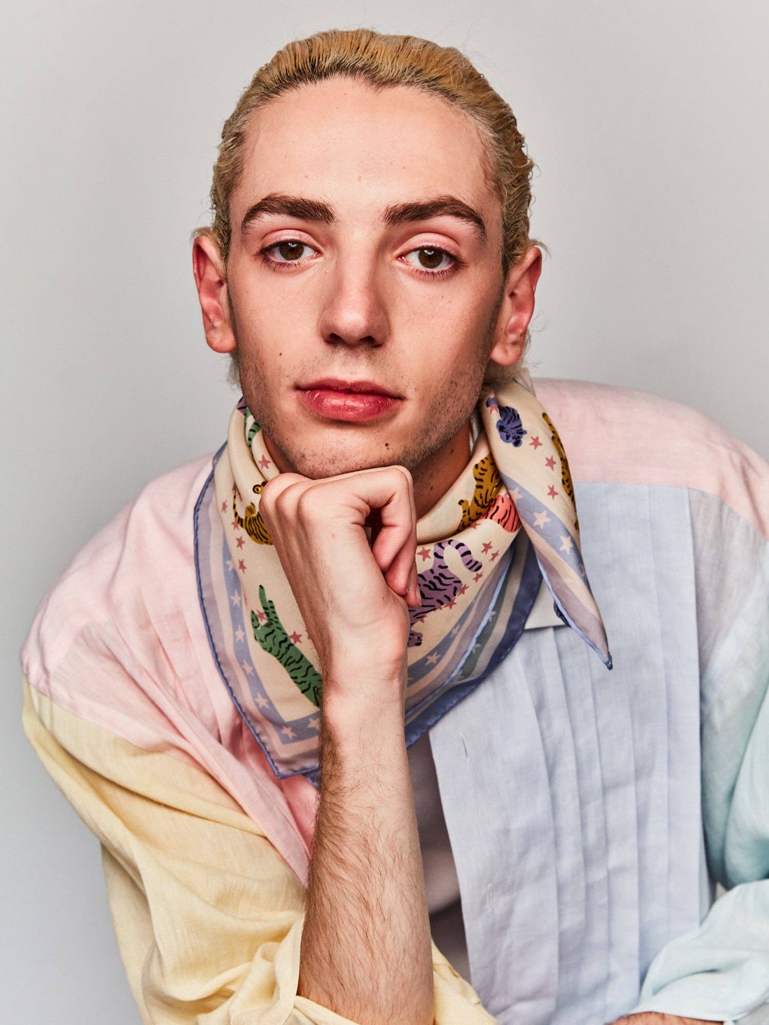 Dusty Blue "Neon Tigers" Silk Bandana Scarf for wholesale on Faire10