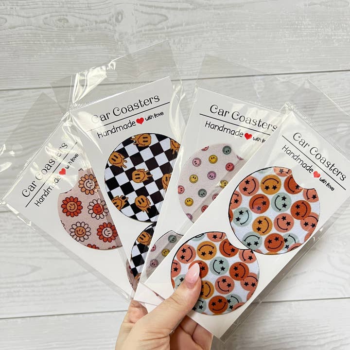 Smiley face car coaster for wholesale by Mason Jar Designs