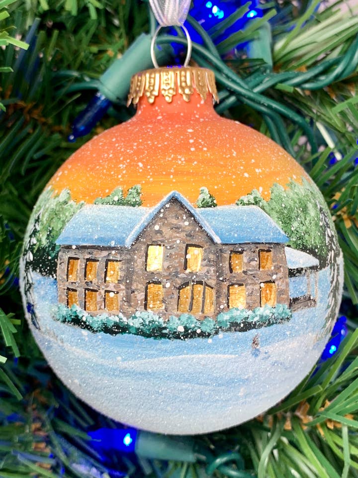 Stone House with Warm Sunset Hand Painted Ornament for wholesale by Art with Elise