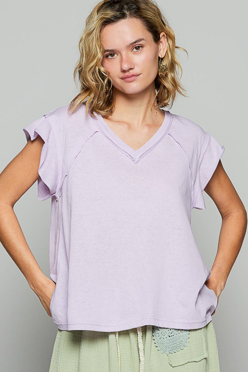 Pol Clothing - Wholesale T-Shirt - Women's - V-neck ruffle short sleeve solid basic cotton top14
