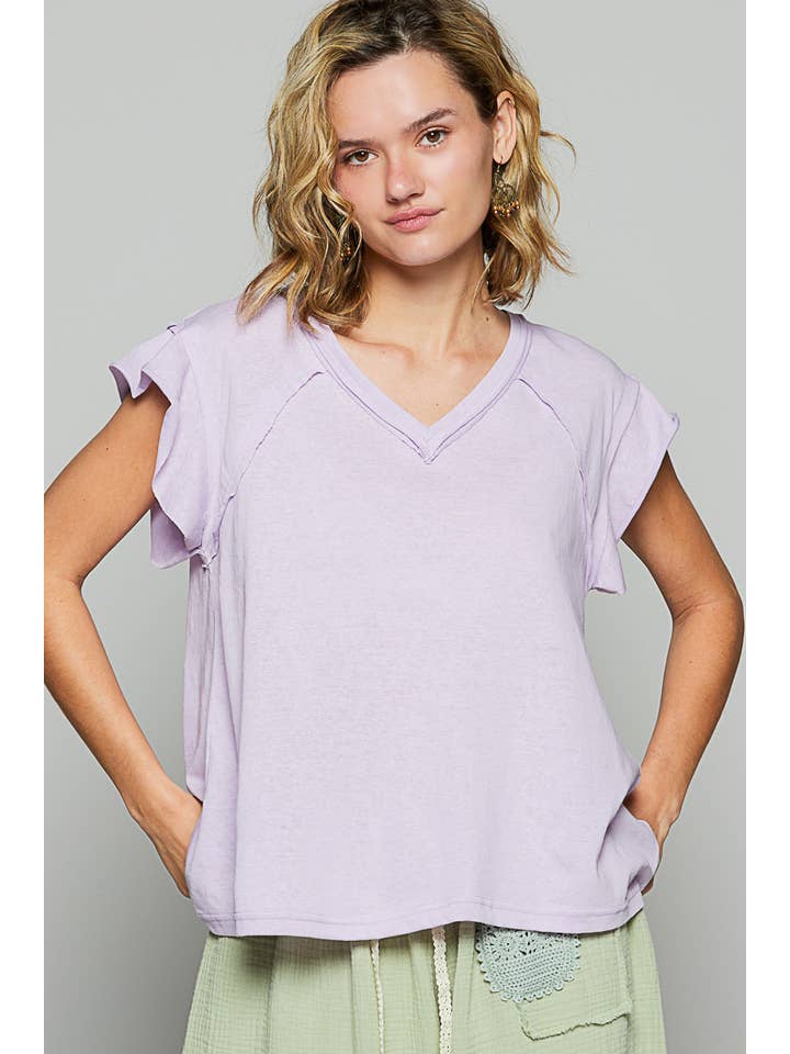 Pol Clothing - Wholesale T-Shirt - Women's - V-neck ruffle short sleeve solid basic cotton top14