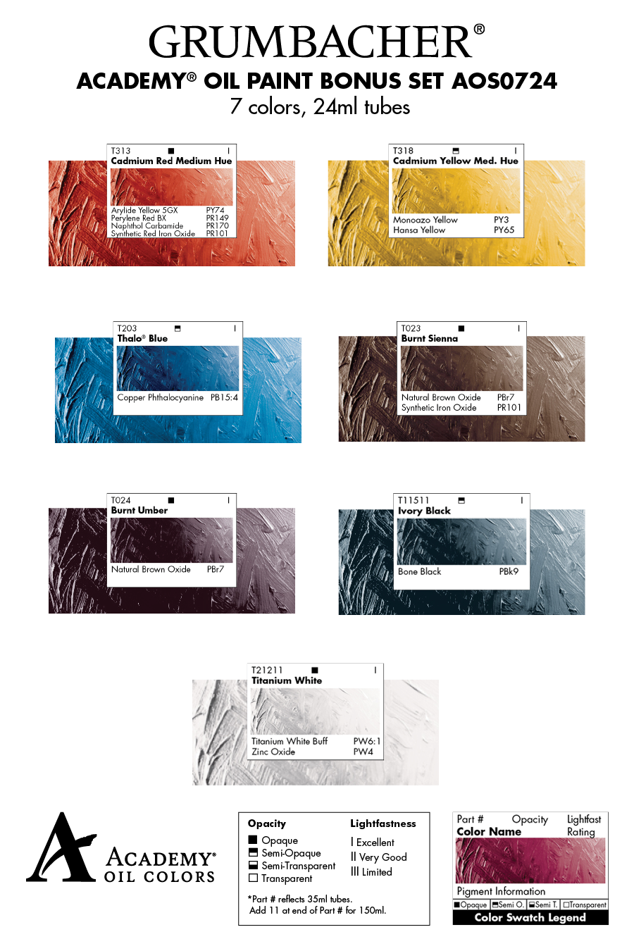 Chartpak, Inc. - Wholesale Paint Set - Grumbacher® Academy® Oil 7pc Bonus Set, 24ml.2