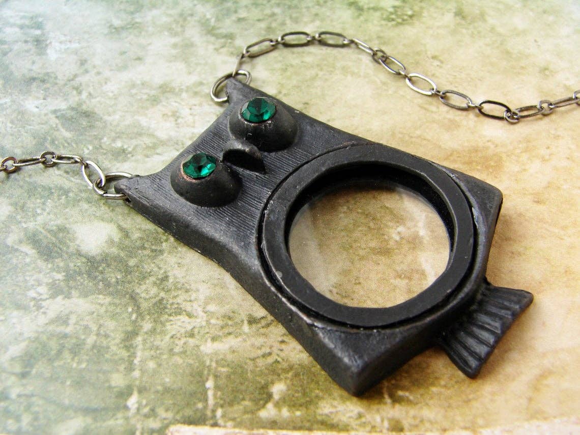 SORA DESIGNS - Wholesale Pendant/Charm Necklace - Owl Magnifying Glass Necklace -Matte Black Version3