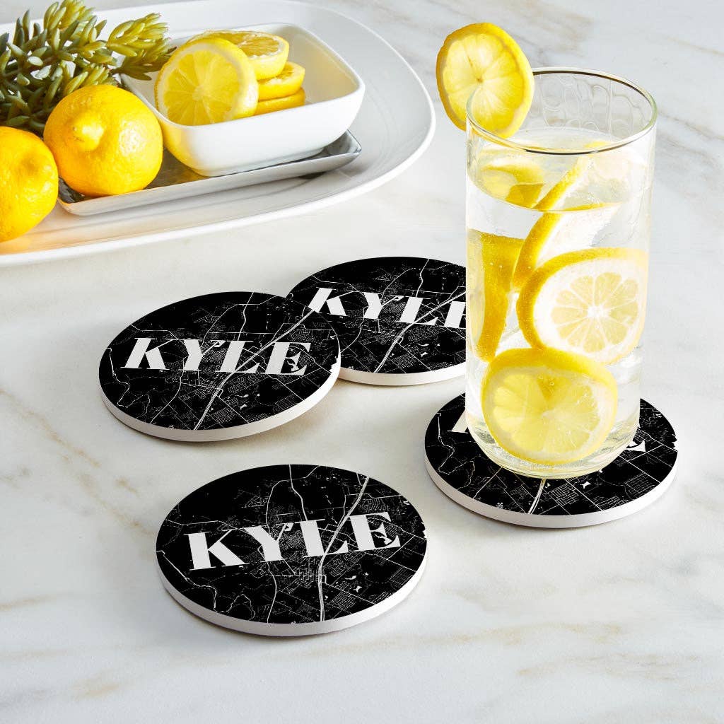 Love Local - Wholesale Coasters - Minimalistic B&W Texas Kyle Map | Absorbent Coasters | Set of 4 | Min 21