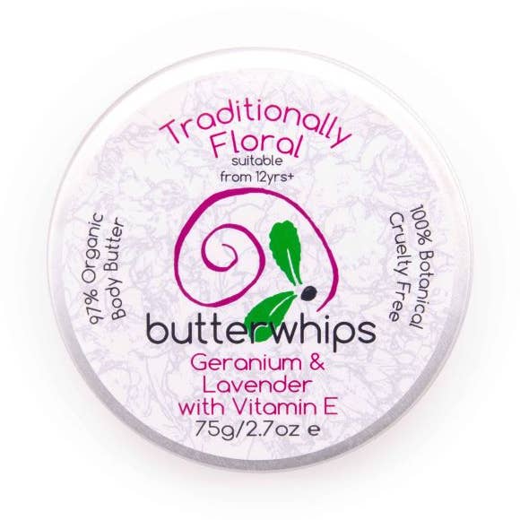 Tradicionalmente floral - manteiga corporal de karité chicoteada orgânica 75g por atacado de Butterwhips Ltd