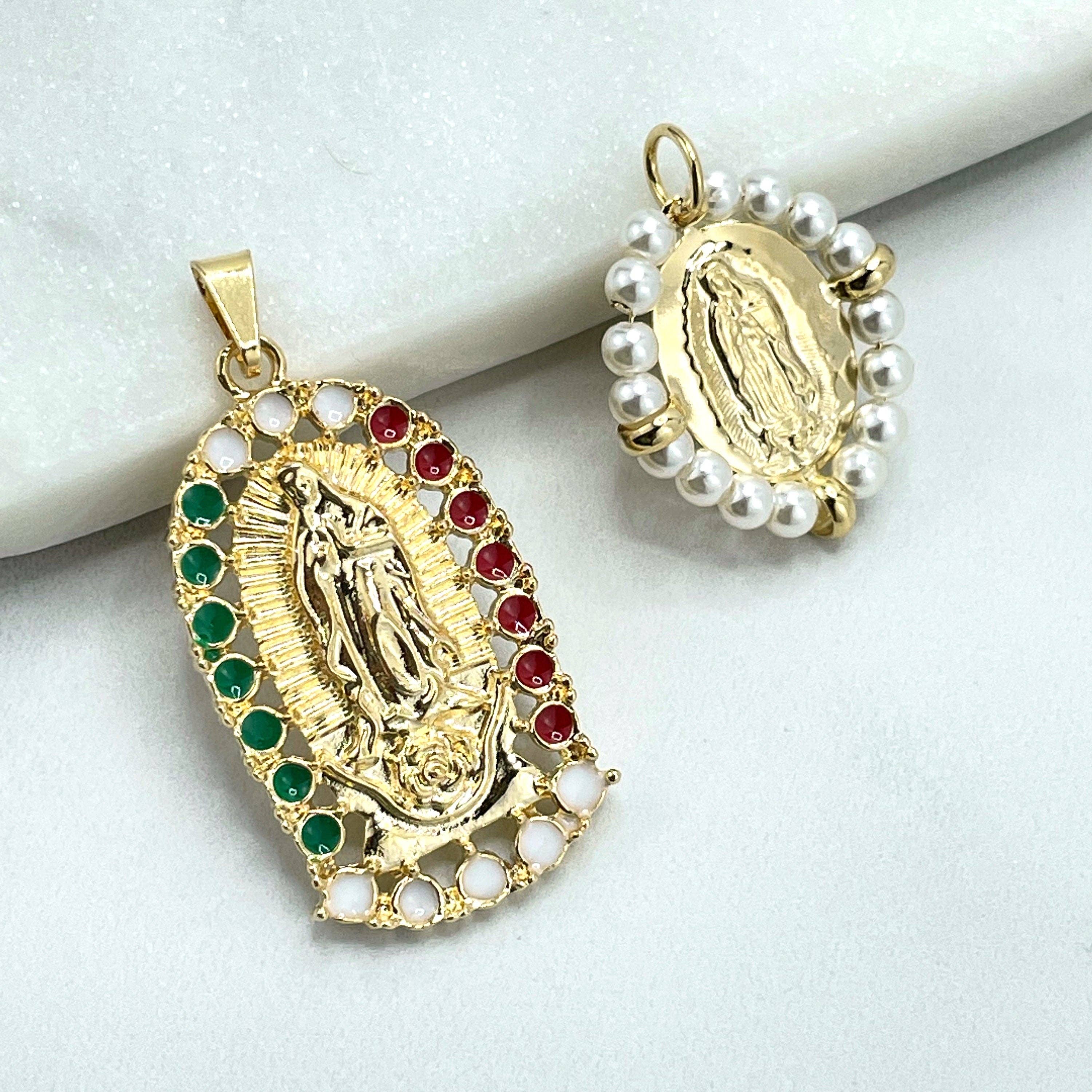 DIJU Jewelry - Vente Breloques/médailles personnalisées - Pendentif en or 18 carats orné d'une médaille représentant la Vierge de Guadalupe, drapeau mexicain de la Vierge de Guadalupe ou pendentif en perles simulées, vente en gros de bijoux3