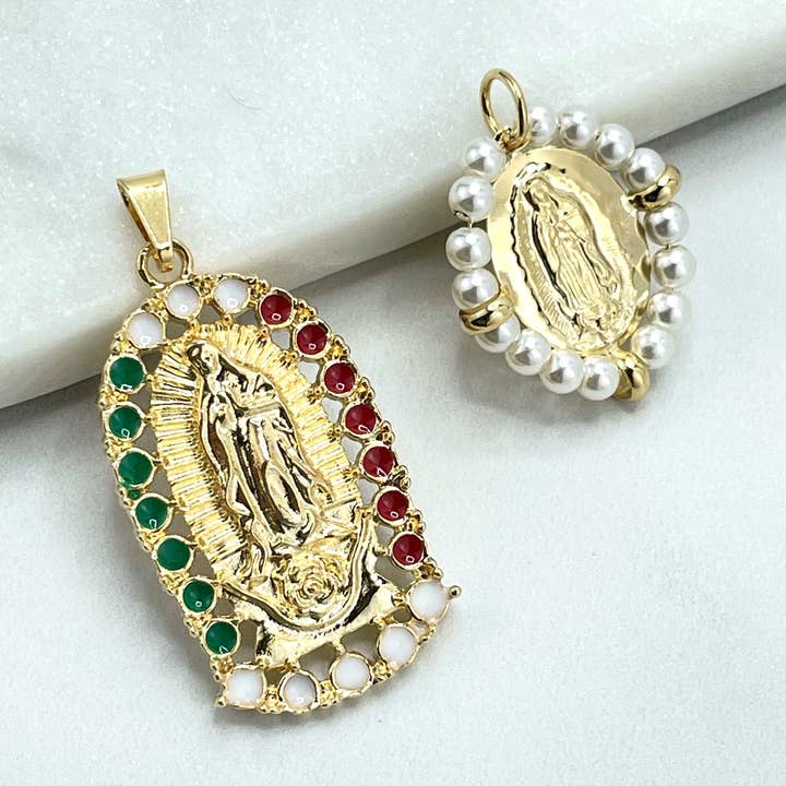 18k Gold Filled Our Lady Of Guadalupe, Virgen De Guadalupe Mexican Flag Medal Pendant or Simulated Pearls Medal Pendant, Wholesale Jewelry for wholesale by DIJU Jewelry