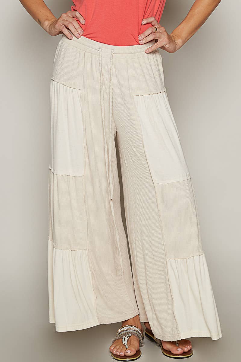 Pol Clothing - Wholesale Pants - Women's - Ribbed contrast fabric panels casual knit wide fit pants0