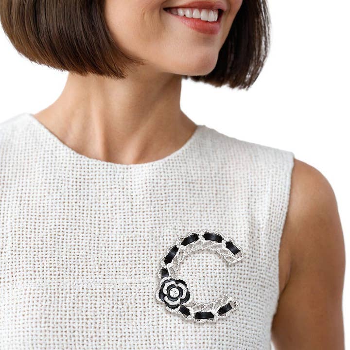 Brooch Silver and Black C French Girl Camellia Pin for wholesale by PinktownUSA