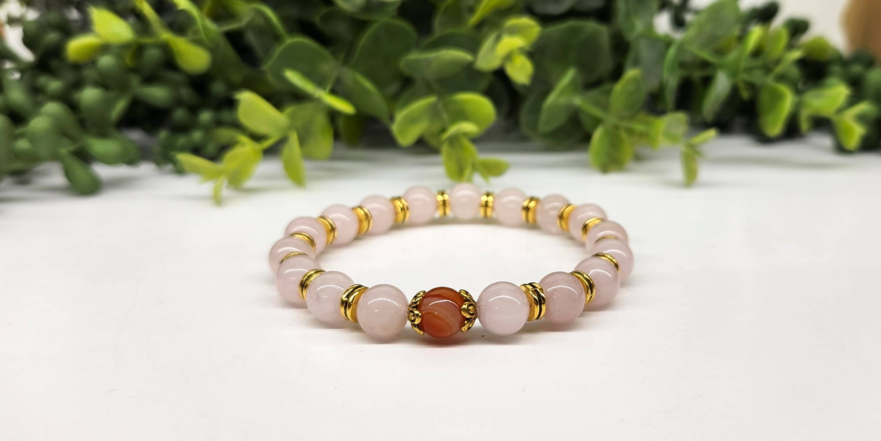 Meraki Gemstones – wholesale Beaded bracelet – LOVE SURROUNDS YOU - R. Quartz/Banded Carnelian(center)-8mm2