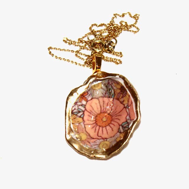 Floral Decoupage Oyster Necklace for wholesale by FizzCandy Jewelry